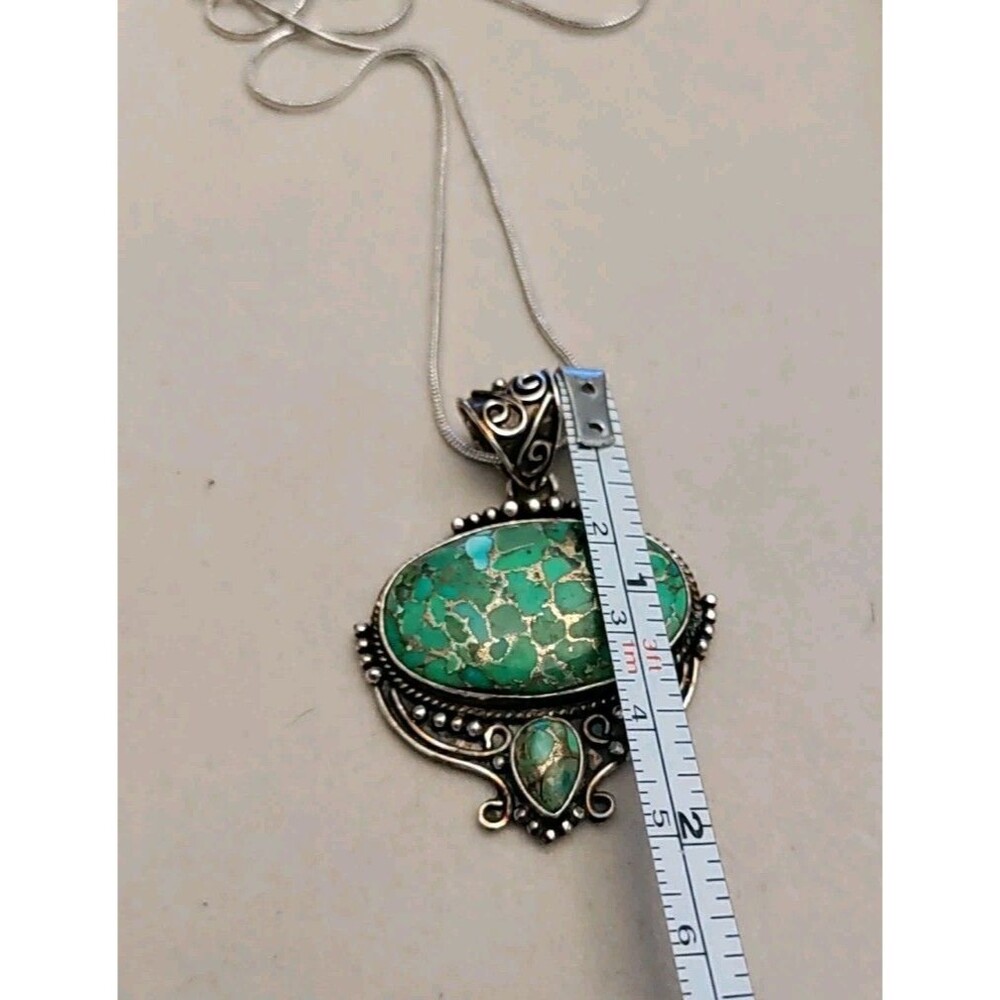 925 Green Copper Turquoise Pendant On 22" 925 Snake Chain Necklace - Picture 3 of 5